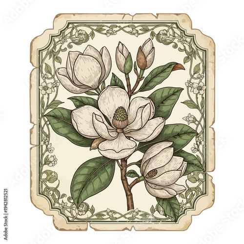 Vintage Magnolia Flower Illustration with Decorative Border