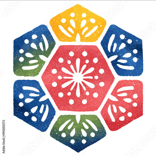 isolated clipart image of watercolor mattise geometric pattern tile red yellow blue green linocut vector icon monochrome simple logo for kids on