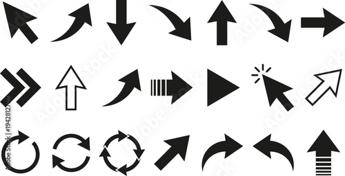 A comprehensive collection of black arrow icons and vector signs in various shapes and directions for web design elements and business website buttons