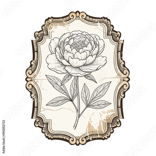 Vintage Peony Illustration in Ornate Frame