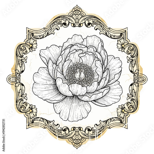 Vintage Peony Illustration in Ornate Frame