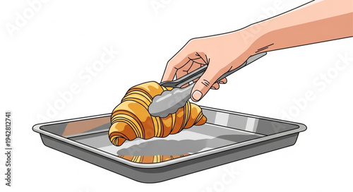 Hand placing croissant on baking tray.