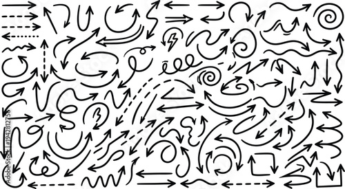 Seamless collection of hand drawn vector patterns featuring birds, arrows, and pizza doodle sketches in a vintage travel illustration set