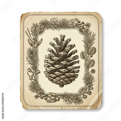 Vintage Pinecone Illustration with Botanical Border