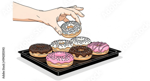 Hand placing donut on tray.