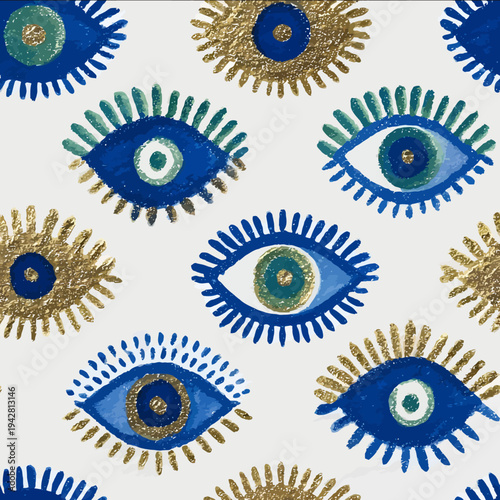 isolated clipart image of watercolor geometric blue gold green foil handpainted evil eye repetitive pattern linocut vector icon monochrome simple