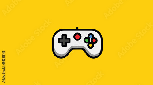 A modern video game controller icon on a yellow background