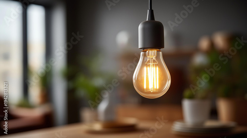 Contemporary smart LED bulb glowing in a warm adjustable amber tone in a stylish pendant lamp above a living room table, defocused modern interior behind, smart bulb, adjustable light,