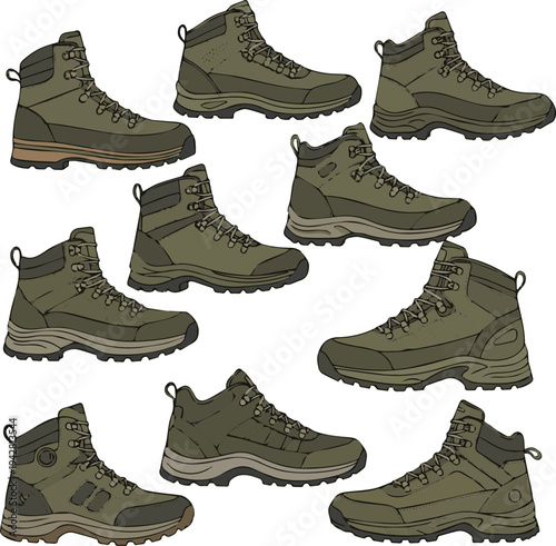 Isilated a realistic kinds of deferent Olive green hiking boots stylish outdoor footwear for trekking and camping adventures vector art with white background.