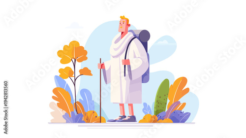 Man in White Ihram Attire with Backpack and Staff