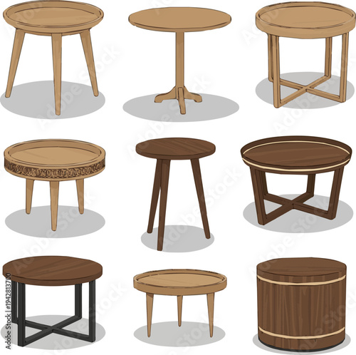 Isolated a realistic kinds of deferent Round wooden side table Round wooden side table , modern minimalist furniture for living room or bedroom decormodern minimalist furniture vector art.