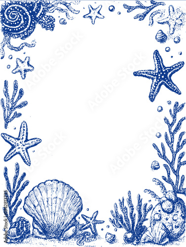 isolated clipart image of blue frame Marine border doodle vector icon monochrome simple logo for kids on a white background
