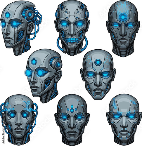 Isolated a realistic kinds of deferent Futuristic robot head cyborg with blue glowing elements for science fiction and technology concepts vector art with white background..
