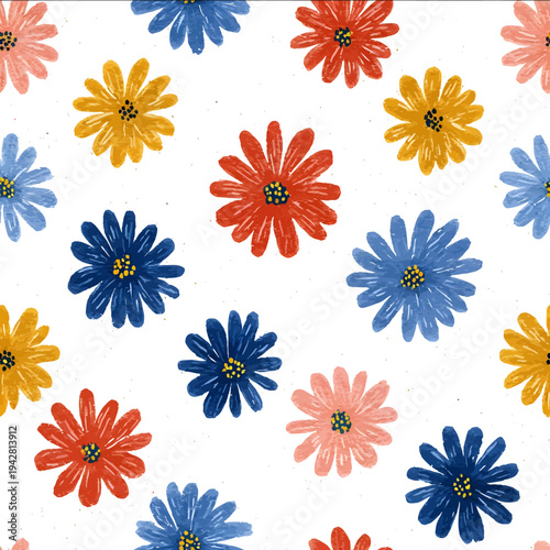 isolated clipart image of watercolor geometric wildflowers red blue yellow handpainted repetitive pattern linocut vector icon monochrome simple l