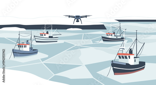 Drone flying over frozen harbor with fishing boats for stunning aerial winter landscape and Arctic exploration