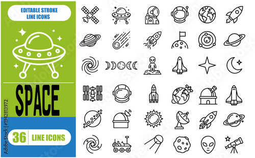 Space Icon Set, Galaxy and Astronomy Vector Line Art, Minimalist Universe Elements for Graphic Design and Illustrator Tracing