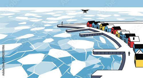 Drone flying over frozen harbor with colorful Arctic village for breathtaking aerial winter landscape and exploration