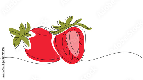Minimalist Continuous Single Line Art Illustration of Fresh Strawberries with Leaves, Editable stroke