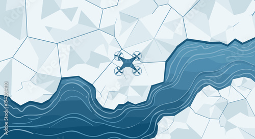 Drone flying over icy waters and geometric icebergs for modern and abstract Arctic landscape exploration