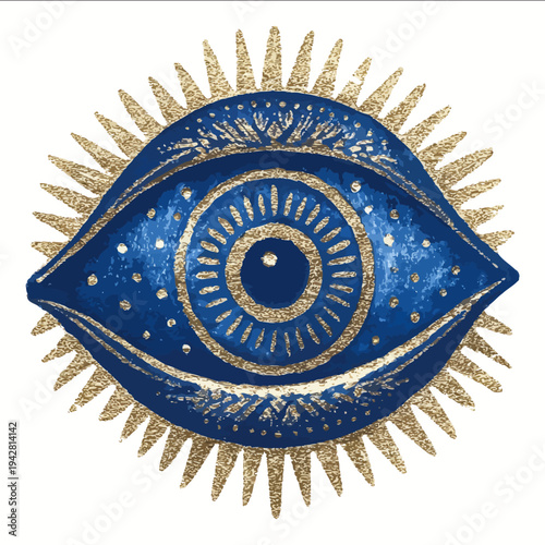 isolated clipart image of blue gold decorative evil eye linocut vector icon monochrome simple logo for kids on a white background