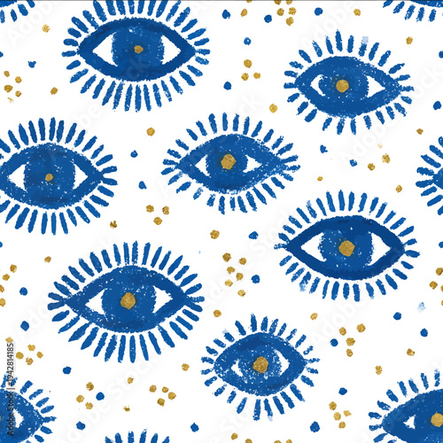 isolated clipart image of watercolor geometric ogee stripes evil eye sunrays blue yellow handpainted repetitive pattern linocut vector icon monochrome simp