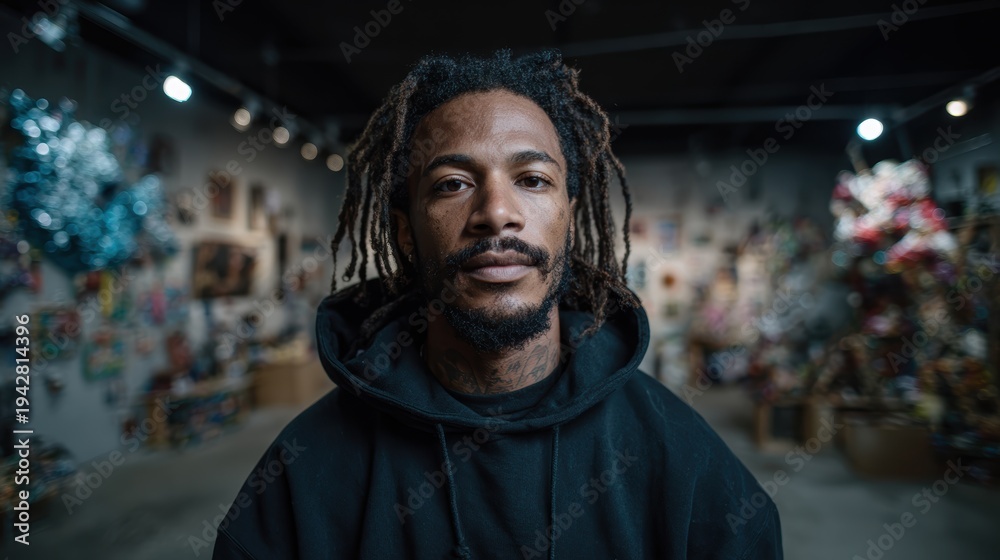 Obraz premium A striking portrait of a man with dreadlocks, set against a vibrant gallery backdrop filled with art pieces, conveying individual expression and cultural richness.