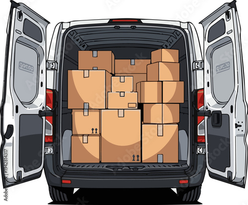 Isolated a realistic Delivery truck with open back door and cardboard boxes inside cargo van for shipping vector art with white background..