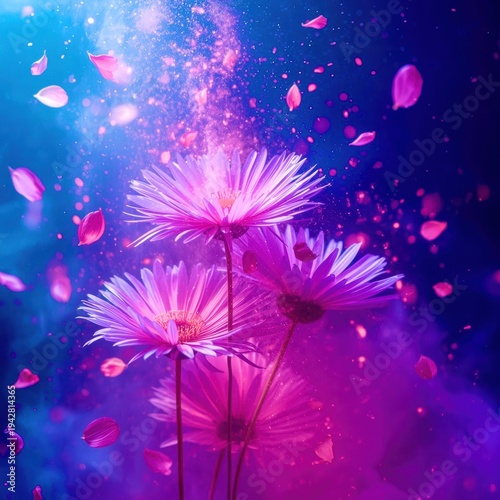 Vibrant pink flowers bloom in cosmic purple light