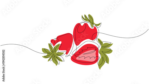 Minimalist Continuous Single Line Art Illustration of Fresh Strawberries with Leaves, Editable stroke