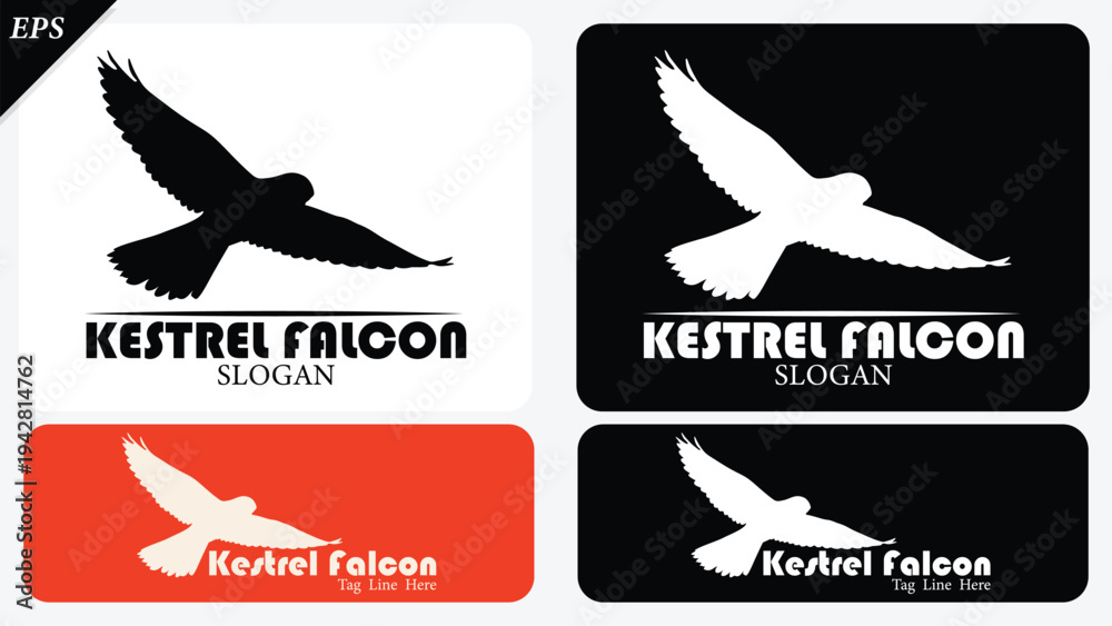 Naklejka premium Kestrel Falcon silhouette isolated on white background with logo text space, featuring a clean black shape symbolising nature life, conservation, Ideal for logos, branding, icons, logo design use