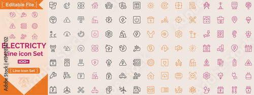 Electricity, electrical energy big line icon set. Contains icons Electric power line, light, light bulb and electrical equipment. Outline Icon Collection. Editable stroke. Vector illustration