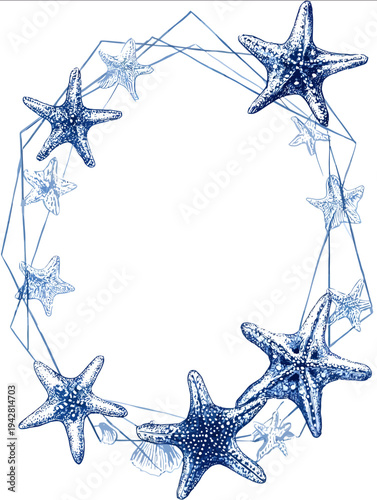 isolated clipart image of geometric blue frame sea stars doodle vector icon monochrome simple logo for kids on a white background