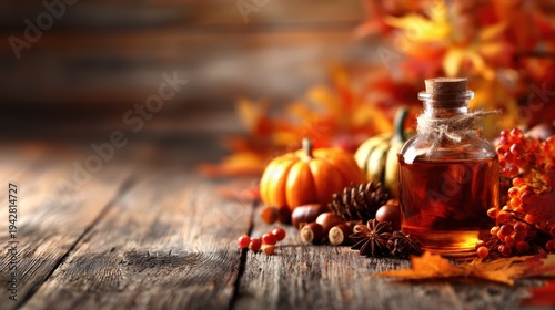 This beautiful arrangement captures the essence of autumn with pumpkins, colorful leaves, and a bottle of syrup, evoking warm, cozy feelings associated with the season.