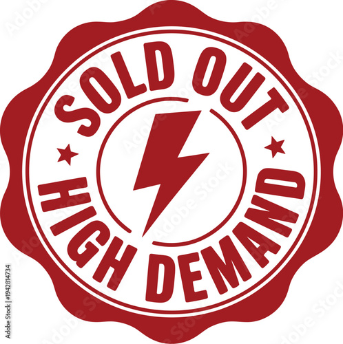 A red and white sold out stamp with a lightning bolt