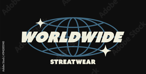 Worldwide typography design with globe grid and star sparkles. Logo design in retro urban style for t-shirt, apparel graphic, street culture design element on dark background