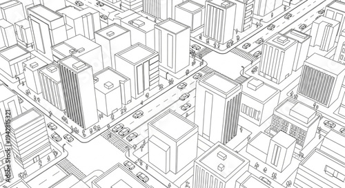 Aerial sketch of a modern city with skyscrapers and streets.