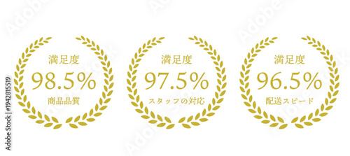 満足度ラベル3つセット 月桂樹アワードバッジ ゴールド フラットイラスト