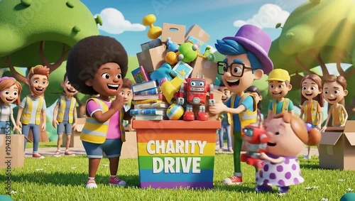 Wallpaper Mural Two animated children organize a charity drive, collecting books and toys in a vibrant outdoor setting. Torontodigital.ca