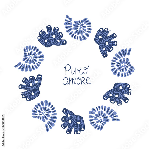 Nautical frame with artisanal sea urchin tests, ammonite fossils, and coral motifs. Decorated with Italian quote Puro Amore. Perfect for wedding invitations, summer branding, social media. 