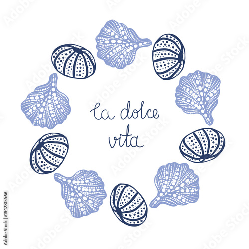 Nautical frame with artisanal sea urchin tests, ammonite fossils, and coral motifs. Decorated with Italian quote La Dolce Vita. Perfect for wedding invitations, summer branding, social media. 