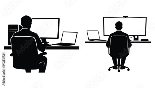 Data Scientist Silhouette Working on Computer, Vector Graphic