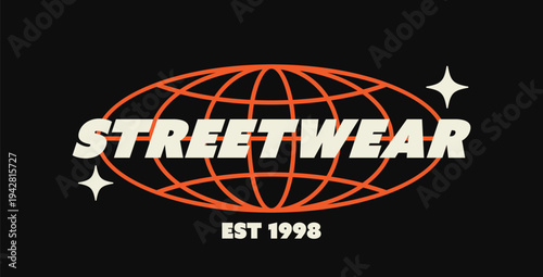 Streetwear typography design with globe grid and star sparkles. Logo design in retro urban style for t-shirt, apparel graphic, street culture design element on dark background