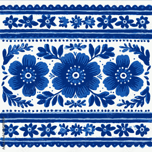 isolated clipart image of gouache blueand white borders strips floral folk geometric pattern tile vector icon monochrome simple logo for kids on