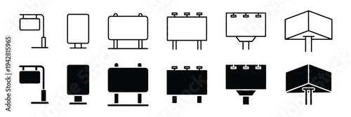 Set of billboard icons in outline and silhouette styles for advertising and promotion