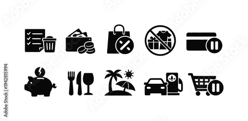 Set of black icons for finance, shopping, and lifestyle expenses