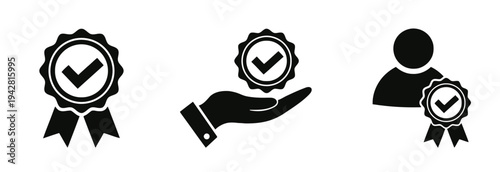 Set of black icons representing quality assurance, approval, and certification of services or products