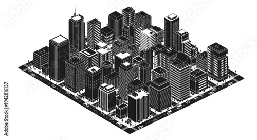 Isometric Cityscape Illustration with Tall Buildings and Streets.