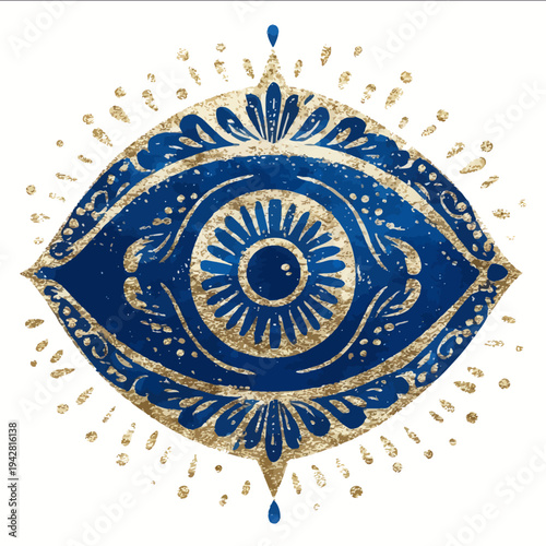 isolated clipart image of blue gold decorative evil eye linocut vector icon monochrome simple logo for kids on a white background