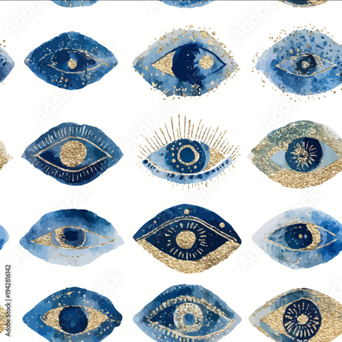 isolated clipart image of watercolor geometric blue gold green foil handpainted evil eye repetitive pattern linocut vector icon monochrome simple logo for