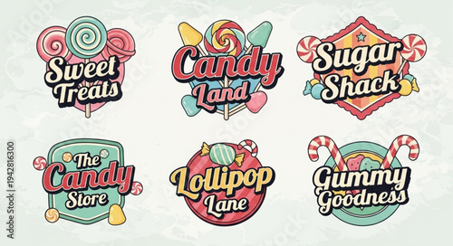 Collection of colorful candy shop logos and signs.